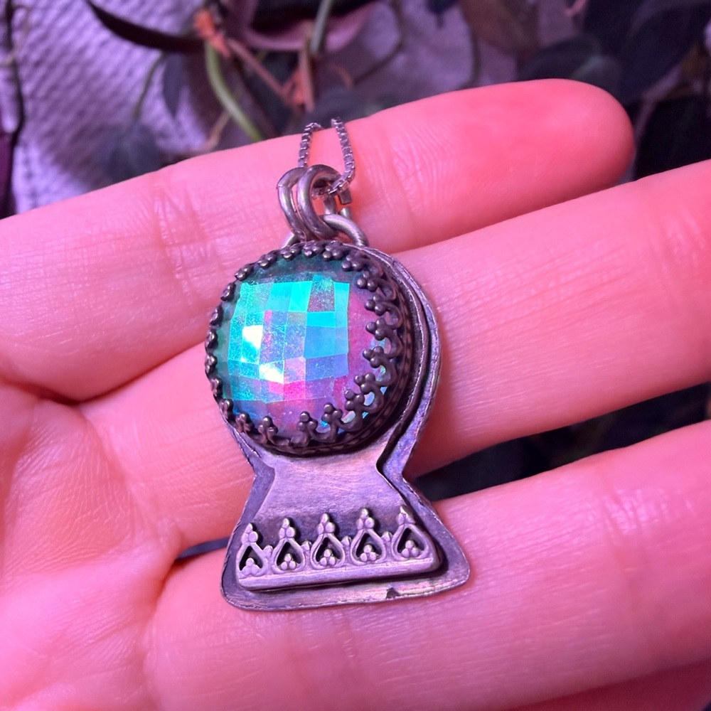 OOAK Sterling Silver 925 Rainbow Crystal Whimsical Pendant Necklace Fairycore